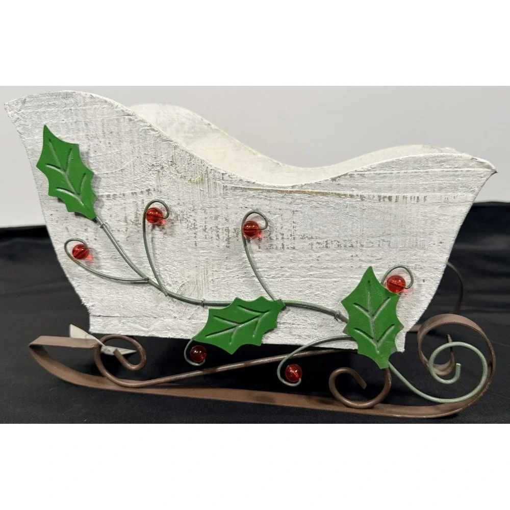 Christmas Decorative Sleigh White Rustic Wood Holly Berry